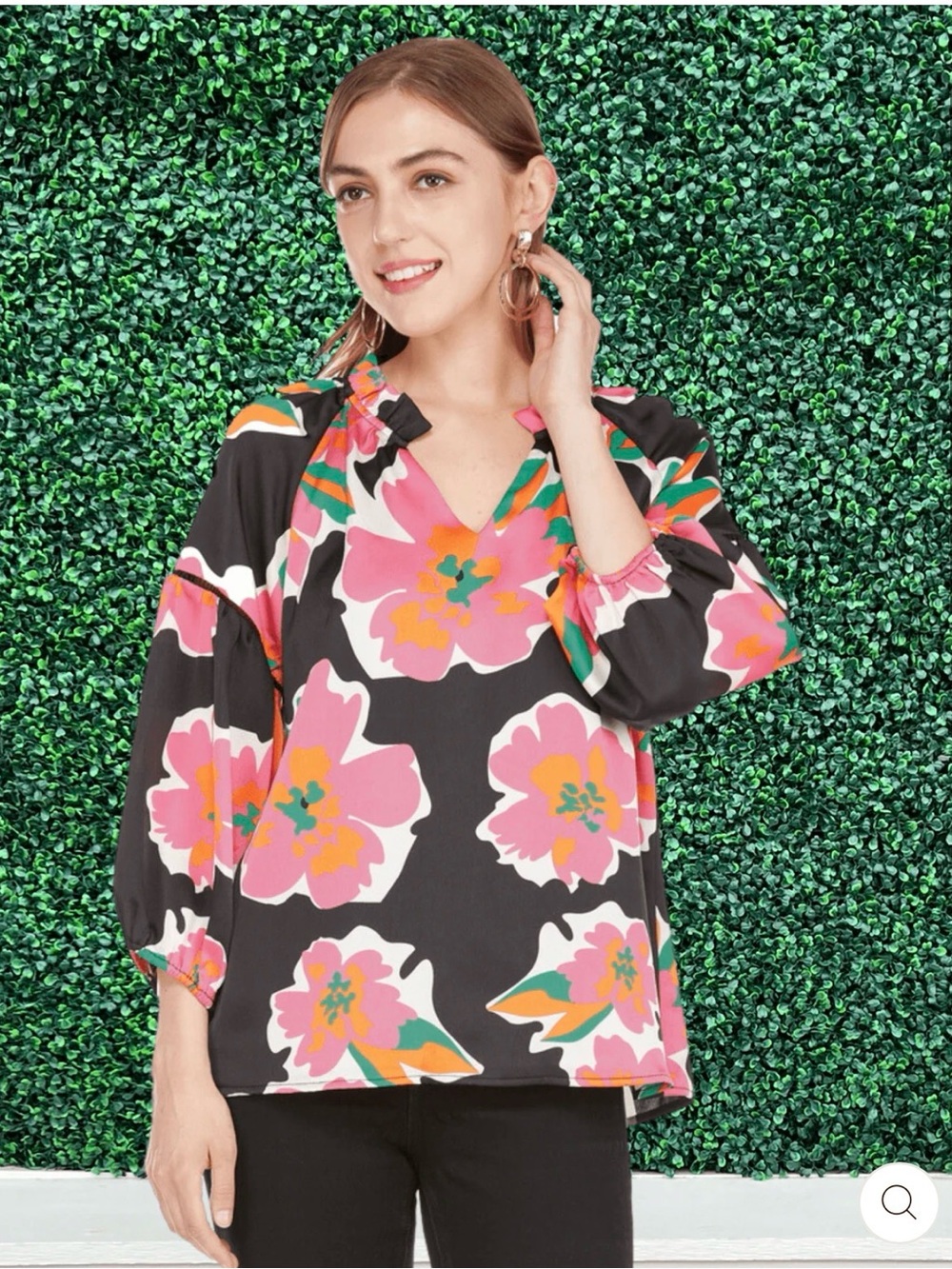 Jade Pink Floral V-Neck Balloon Sleeve Black Tunic